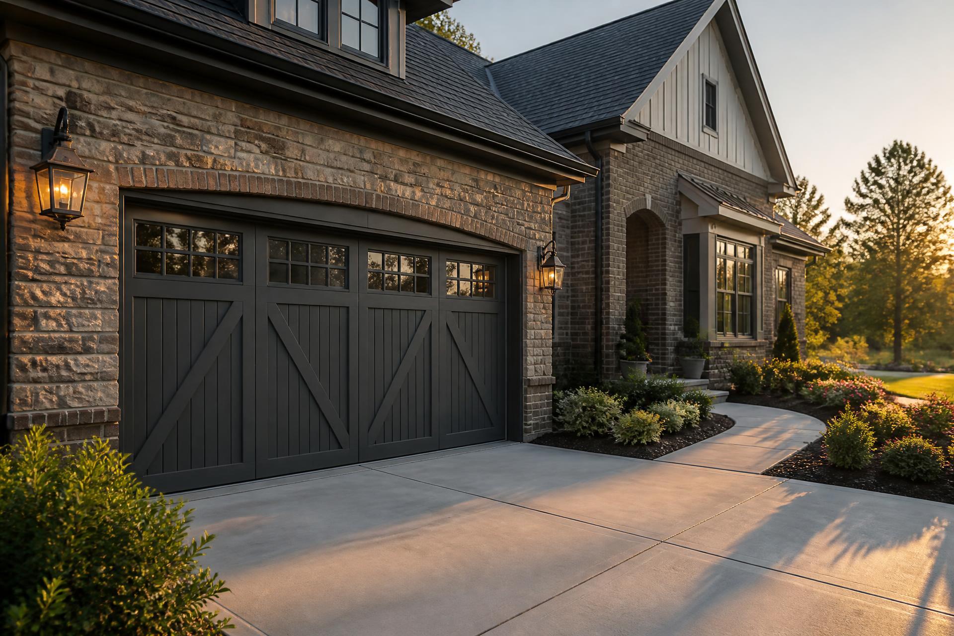 Modern Duluth, GA home with a slate carriage-style garage door at golden hour